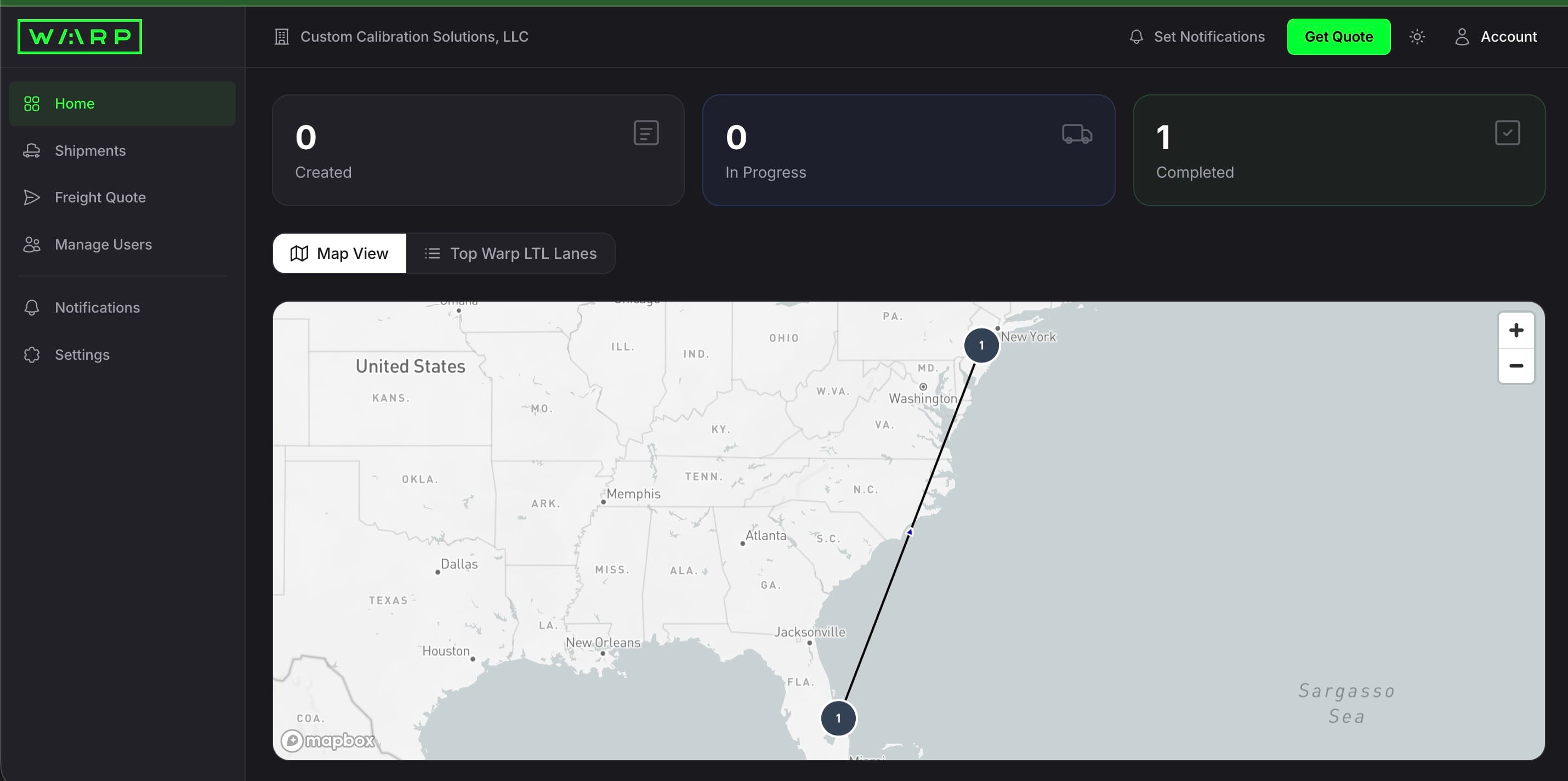Warp customer portal showing shipment status cards, lane map, and navigation