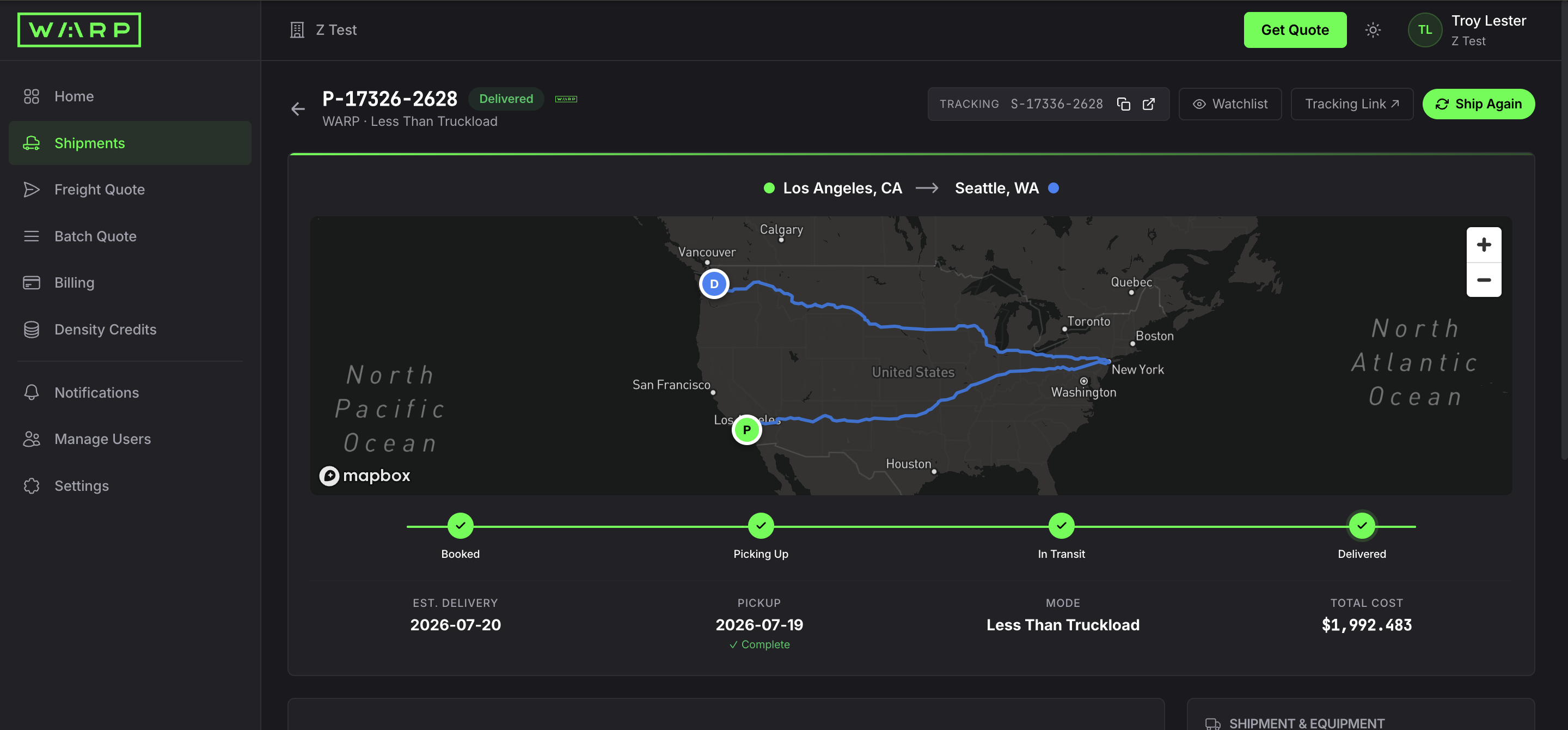 Engineering surface: Live shipment tracking. GPS, scan events, and proof of delivery flowing off the driver app into the shipper view.