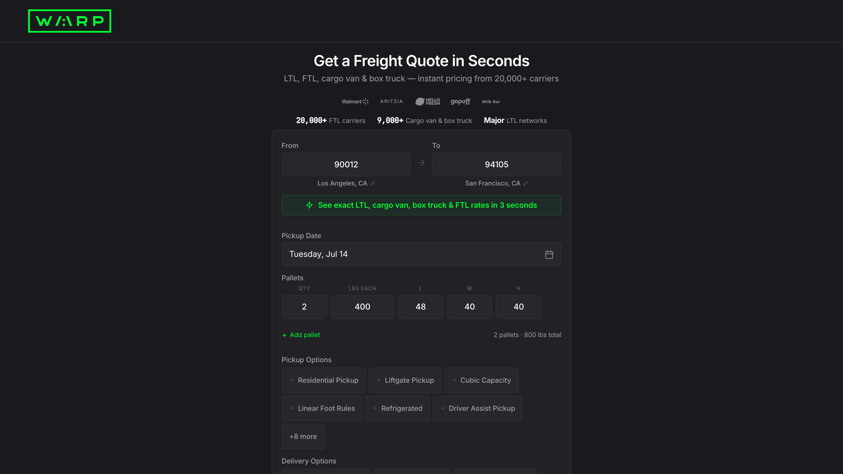 Product & Design surface: The public quote flow. No signup, live rates, and every field is a decision someone made about how a shipper thinks.